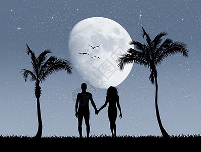 月光下奇异岛的情侣天堂男性异国月亮月光女士插图热带女性男人背景图片