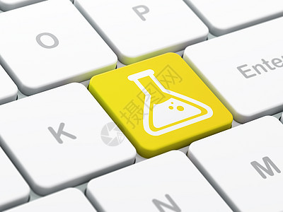 计算机键盘背景上的科学概念烧瓶玻璃技术创新学校烧瓶知识实验室测量液体化学图片