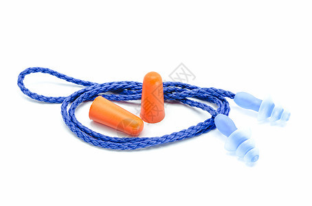 蓝色和橙色的耳塞 白色背景上有绳子海绵工业安全健康材料耳朵橙子插头关心噪音图片