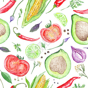 蔬菜植物型式草本植物香菜寒冷厨房美食插图玉米胡椒鳄梨绘画图片