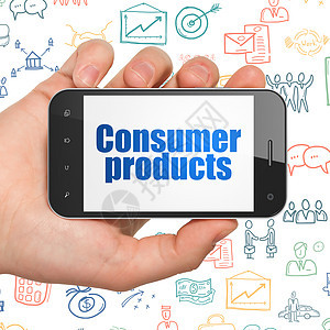 商业概念手持智能手机与消费品上显示图片