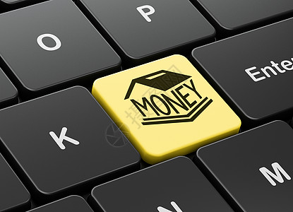 电脑键盘背景上的银行概念存钱罐硬币财富货币储蓄3d按钮安全银行业渲染成功图片