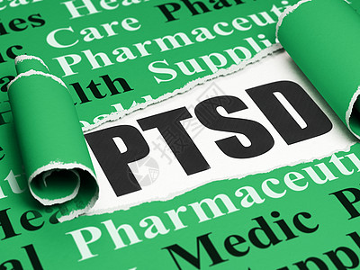 保健概念 黑色文字 PTSD 在撕破的纸下面医院叶子生活康复科学卫生援助药品床单医生图片