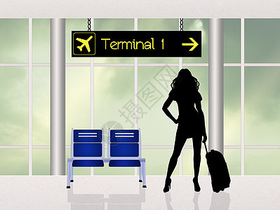 机场的妇女手提箱假期行李女士飞机运输空气商业车站游客图片