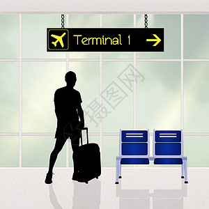 飞机剪影携带手提箱的男子在机场背景
