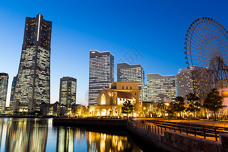 晚上横滨景观场景车轮公园反射城市风景日落商业旅行图片