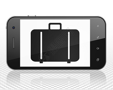 旅游概念 装有袋的智能手机触摸屏正方形套装手提包展示闲暇案件技术假期航程图片
