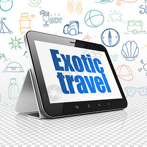 旅游概念 显示有外出旅行的平板计算机图片