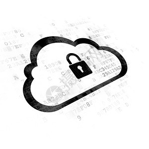 云技术概念云与数字背景上的挂锁展示隐私代码监视器软垫屏幕数据网站安全计算图片