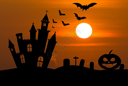 万圣节前夕的城堡蝙蝠感恩阴影月亮雕刻插图天空太阳房子季节图片