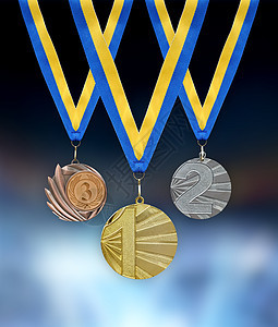 金 银和铜金奖章运动优胜者锦标赛比赛丝带报酬进步青铜仪式成就图片