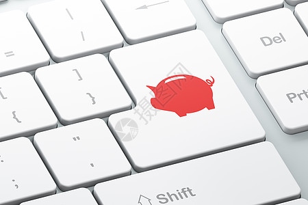 电脑键盘背景上的金钱概念存钱罐价格货币储蓄3d盒子金融信用成功市场按钮图片