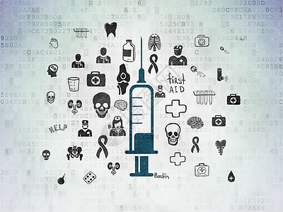 数字数据纸背景上的医疗保健概念注射器公司代码治疗生活草图科学绘画卫生疾病制药图片