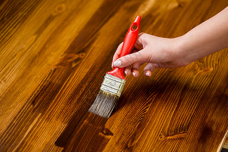 油漆的木质表面 涂漆的天然木材和油漆刷家务木头装潢松树木板地面上漆工作桌子甲板图片