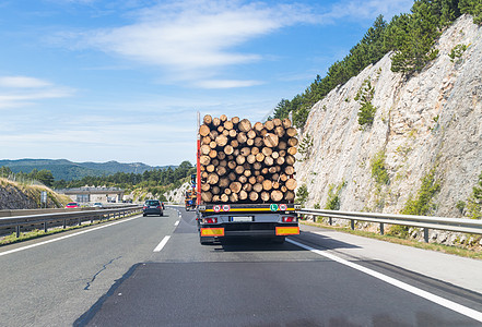 在高速公路上运输木材的卡车图片
