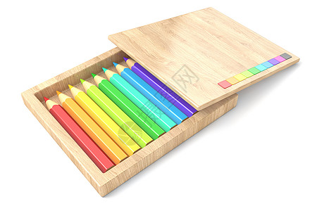 装有彩色铅笔的木箱3D教育学校艺术背景图片