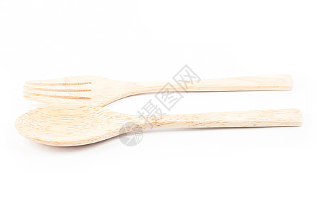 白背景上的木勺和叉子生活餐具粮食烹饪工具刀具用具雕刻项目木制品图片