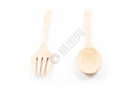 白背景上的木勺和叉子木头木材勺子厨具烹饪项目工具木制品材料雕刻图片