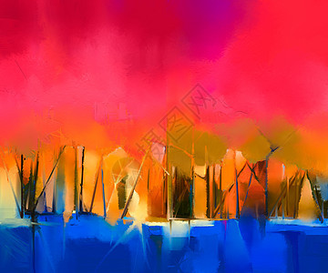 画布上的抽象彩色油画风景天空印象派帆布刷子墙纸植物森林艺术家草地场地图片