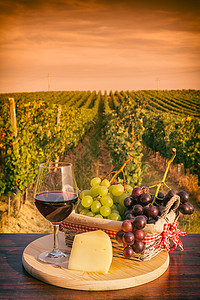 日落时在葡萄园前的红酒杯食物白色玻璃农村场地酒厂葡萄生长红色桌子图片