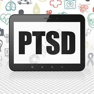 健康概念平板电脑与 PTSD 上显示药片软垫展示药品制药医生药店卫生屏幕绘画图片