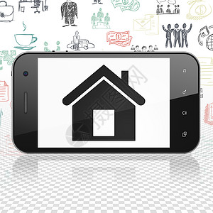 金融概念智能手机与首页上显示3d涂鸦草图房子正方形公司战略伙伴交易技术图片