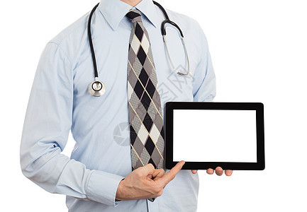 医生持有具有复制空间和剪切路径的平板电脑工作商业监视器诊断男性医院诊所文档剪裁触摸屏图片