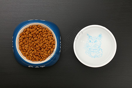 黑地板碗中的干猫食物和水吃饭黑色饮食时间小吃草图治疗棕色陶瓷制品背景图片