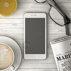 电话在桌上 咖啡和报纸3d插图图片