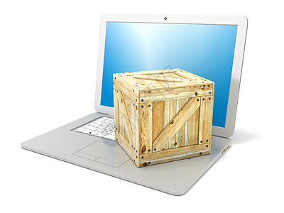 带有木箱包装的手提电脑机 Pr 在线订购的概念图片