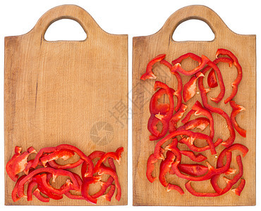 在旧切割板上切成的胡椒片 孤立在白色背面饮食辣椒厨房木板香料胡椒食物蔬菜植物烹饪图片