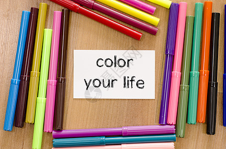 彩色您的生命文本概念桌子幼儿园粉色孩子笔记笔记本意义情绪化团体写作图片