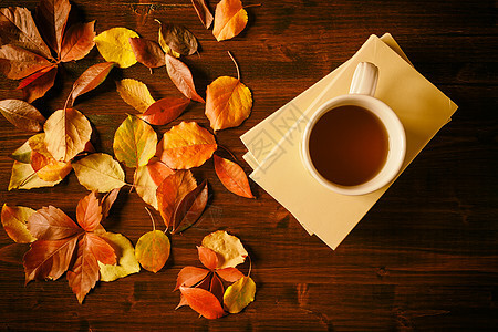 茶杯 书籍和秋叶树叶图片