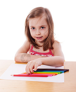 女孩用铅笔绘画幼儿园微笑创造力爱好闲暇金发活动蜡笔工艺幸福图片