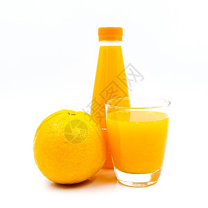 白色背景上隔离的新鲜橙汁液体饮食塑料玻璃食物果汁水果黄色瓶子橙子图片