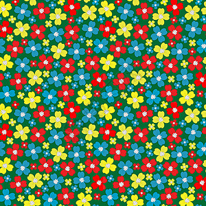 红色与黄色的花无缝模式与程式化花卉花卉背景红色包装黄色繁荣创造力绿色包装纸花园插图蓝色背景