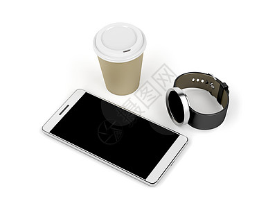 智能手机 智能观察和咖啡杯图片