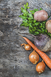 马铃薯 胡萝卜 洋葱 鹦鹉和生菜豆子厨房木板季节营养生活团体农业饮食木头土豆图片