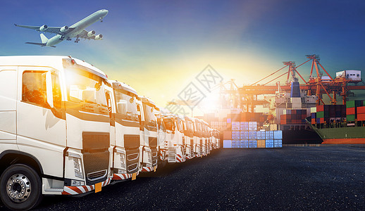 集装箱卡车 港口船只和转运货物货机的货运飞机航海进口商业码头土地物流出口速度送货进出口图片