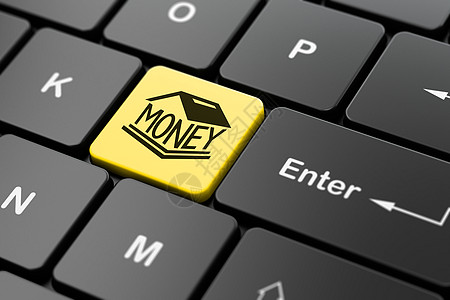 电脑键盘背景上的银行概念存钱罐按钮3d宝藏价格金融利润投资预算硬币盒子图片