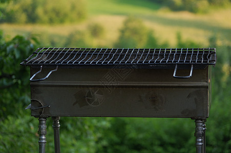 清空便携式BBQ烧烤炉 面对新的绿色夏季风景图片