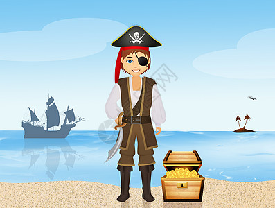 岛上的海盗海洋鹦鹉寻宝海盗帽插图骨骼旗帜百宝箱男人帆船图片