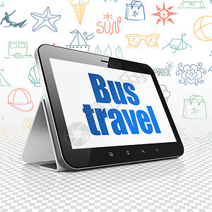 旅游概念 带有公共汽车的平板电脑显示式渲染旅行游客巡航航程软垫绘画涂鸦冒险触摸屏图片