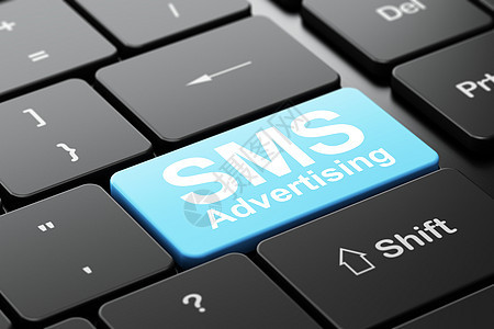 营销概念 在计算机键盘背景上刊登短讯广告宣传渲染互联网3d销售产品蓝色短信活动公关图片