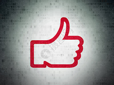社交网络概念在数字数据纸背景上竖起大拇指社会网站互联网红色手指社区拇指灰色扇子代码图片