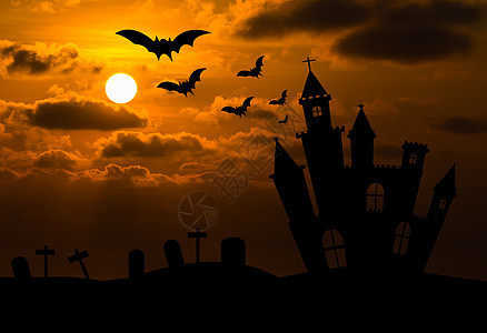 在万圣节之夜的城堡剪影黑色庆典阴影假期插图房子太阳蝙蝠月亮季节背景图片