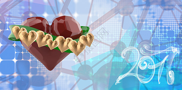 飞红切碎的心与绿丝带和金心 在蓝色抽象正方形多边形背景上 和 2017 年刻字写的白烟 3d 它制作图案飞行卡通片快乐团体插图生图片