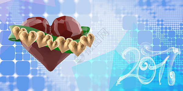 飞红切碎的心与绿丝带和金心 在蓝色抽象正方形多边形背景上 和 2017 年刻字写的白烟 3d 它制作图案魔法气球创造力庆典假期飞图片