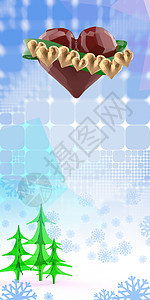 以绿色丝带和金色的红心飞翔 蓝色抽象方形多边形背景上 有圣诞树和雪花 3d 插图请参考节日派对细绳创造力挫败金子字体庆典绘画生日图片