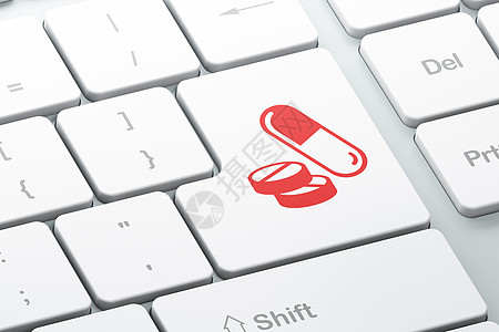 计算机键盘背景上的健康概念丸药店药物按钮技术医生抗生素医院渲染药片药品图片